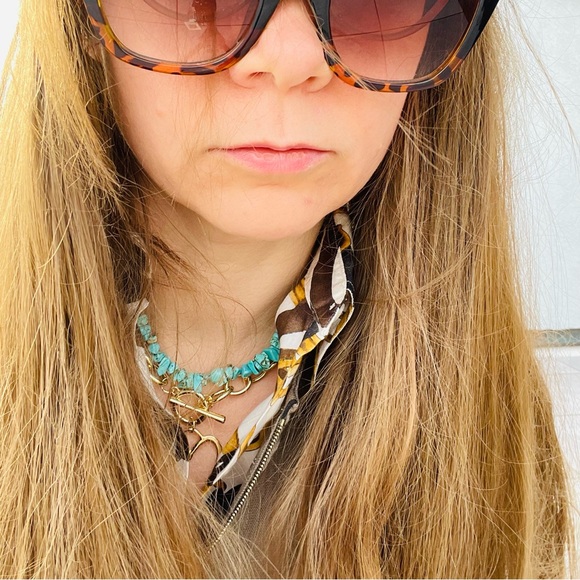 Zara Medal Teal & Gold Chain Chocker Necklace Stone Lines Coin Charm Zara Logo - Picture 3 of 16